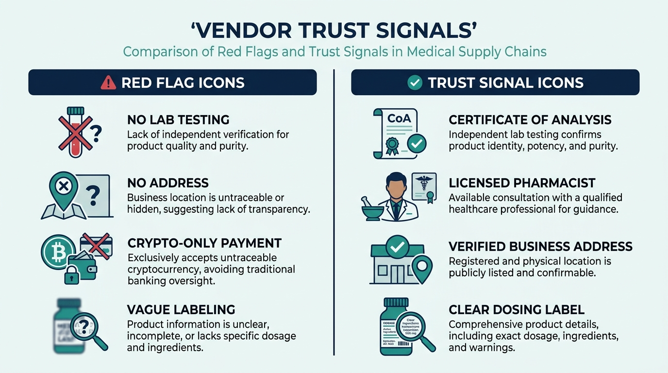 Comparison chart of vendor red flags versus trust signals when buying peptides