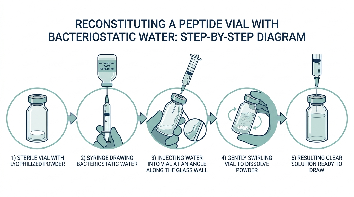 Step-by-step diagram of reconstituting a peptide vial with bacteriostatic water using a syringe