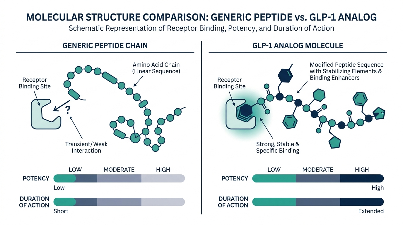Schematic comparison of a generic peptide chain and a GLP-1 analog molecule with receptor binding site labeled