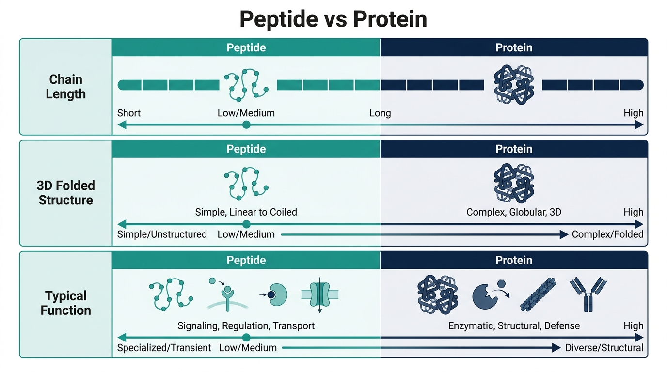 Schematic chart comparing peptide and protein across chain length, 3D folded structure, and typical function
