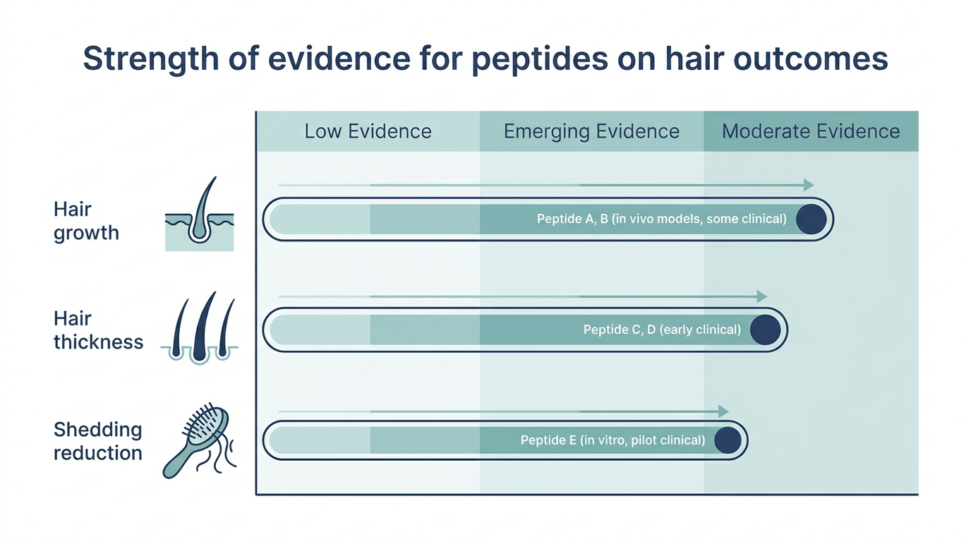 Chart showing strength of evidence bands for peptides across hair growth, hair thickness, and shedding reduction outcomes