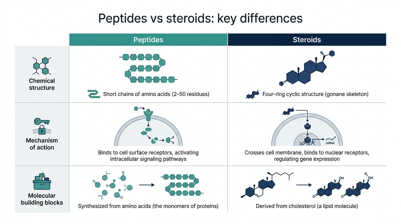 Comparison chart contrasting peptides and steroids across chemical structure, mechanism of action, and molecular building blocks
