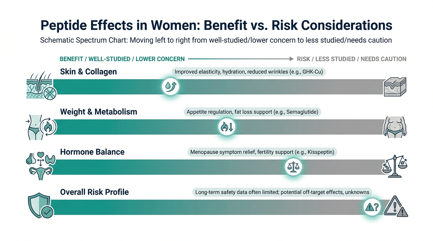 Schematic chart comparing peptide effects in women across skin, weight, hormone balance, and overall risk