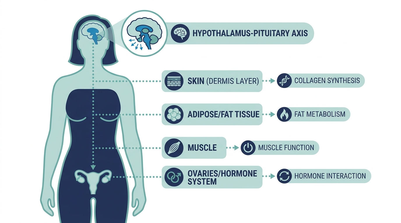 Diagram of hypothalamus-pituitary axis signaling pathways to skin, fat, muscle, and hormone tissue in women