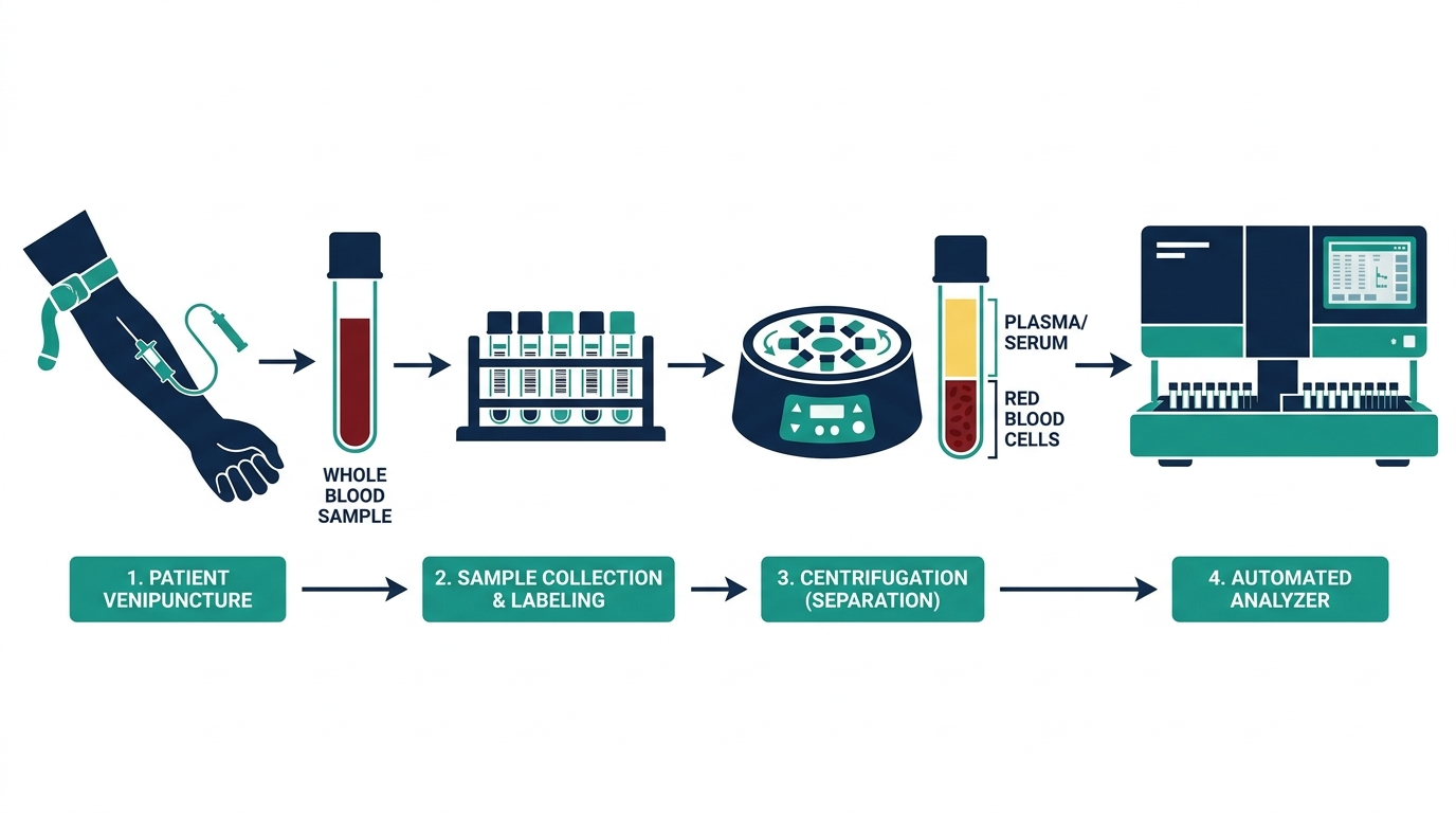 Workflow diagram of a phlebotomy blood draw from venipuncture to lab analysis