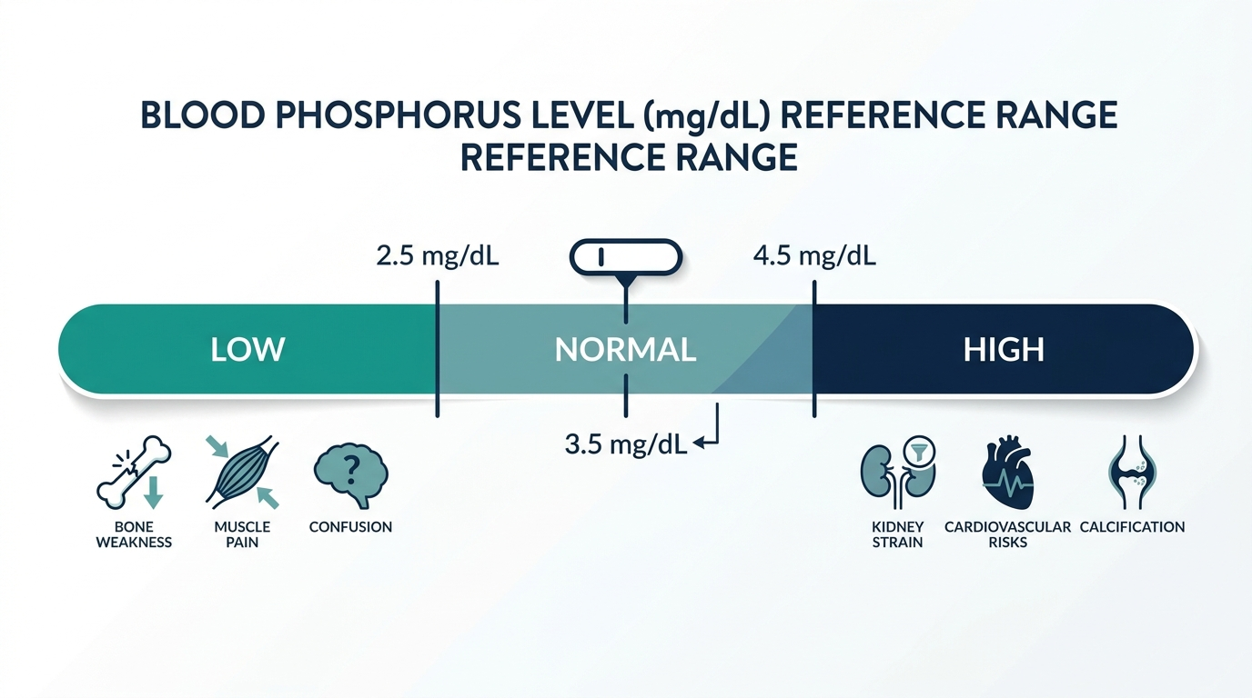 Reference range chart showing low, normal, and high bands for blood phosphorus level in mg/dL