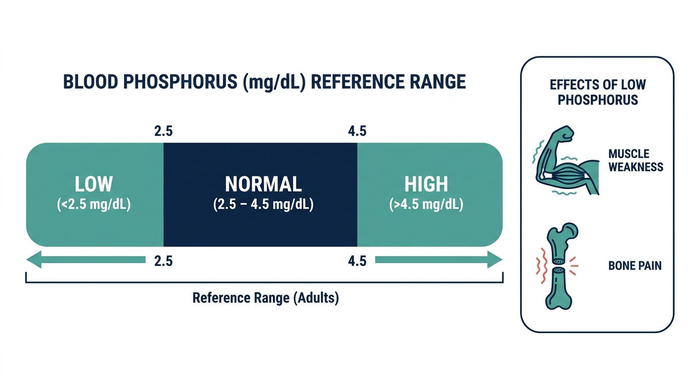 Chart showing low, normal, and high phosphorus reference bands next to icons representing muscle weakness and bone pain from low phosphorus