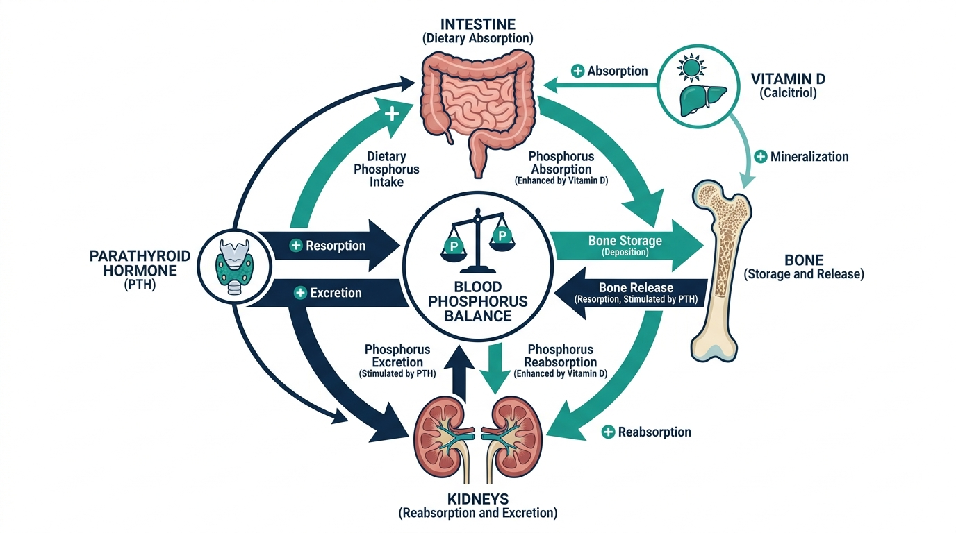Diagram showing how intestine, kidneys, bone, parathyroid hormone, and vitamin D regulate blood phosphorus balance