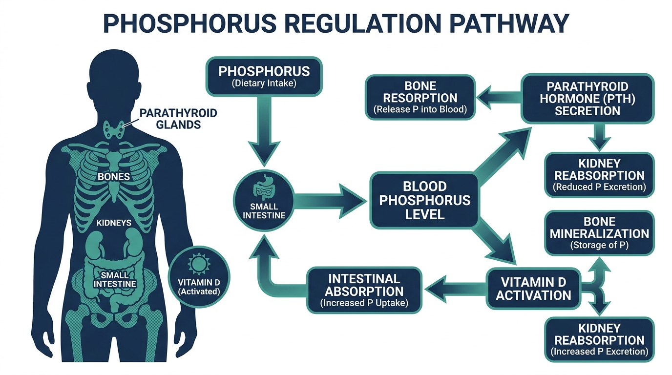 Diagram of phosphorus regulation showing the kidneys, bones, and small intestine linked by parathyroid hormone and vitamin D pathways