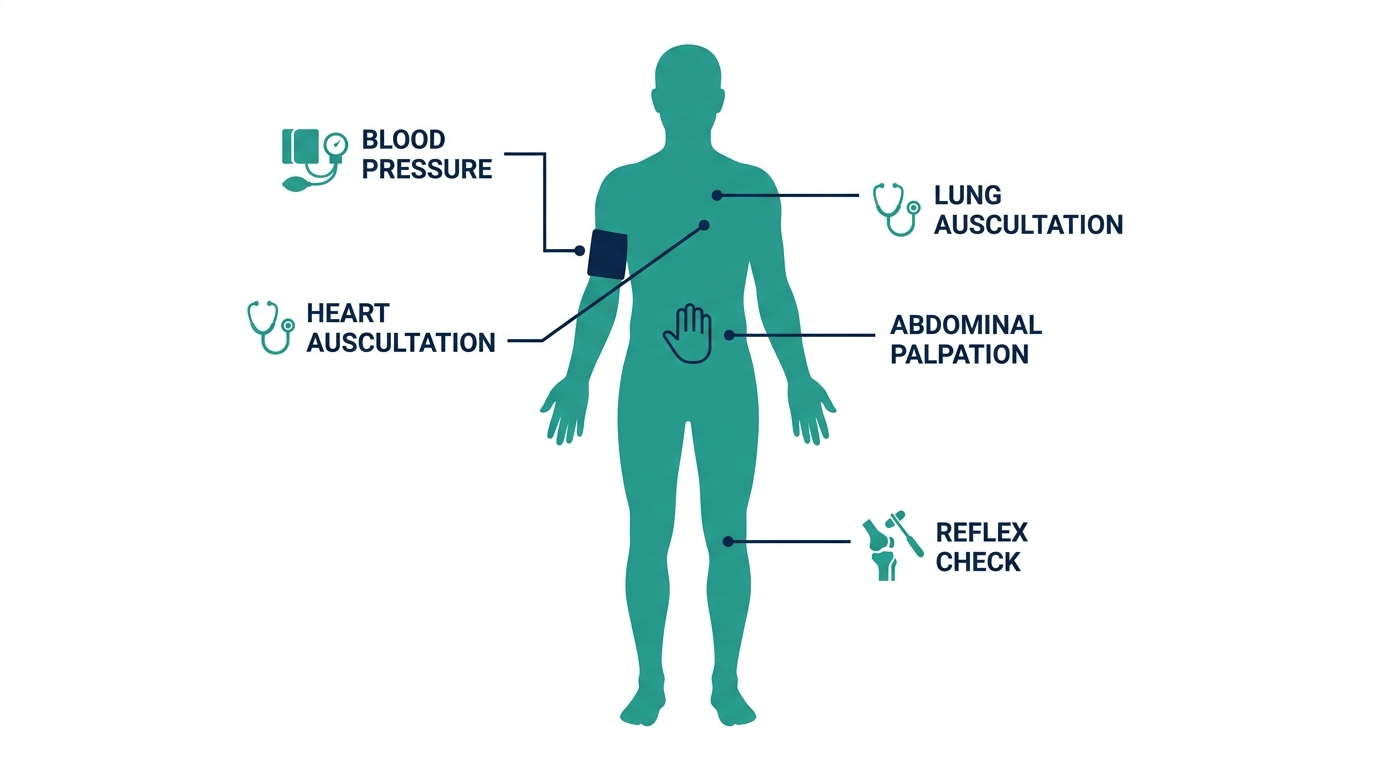 Body diagram showing physical exam checkpoints: blood pressure cuff, stethoscope on heart and lungs, abdominal check, and knee reflex test