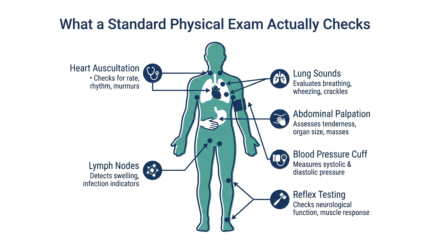 Body silhouette diagram labeling standard physical exam checkpoints including heart, lungs, abdomen, reflexes, blood pressure, and lymph nodes