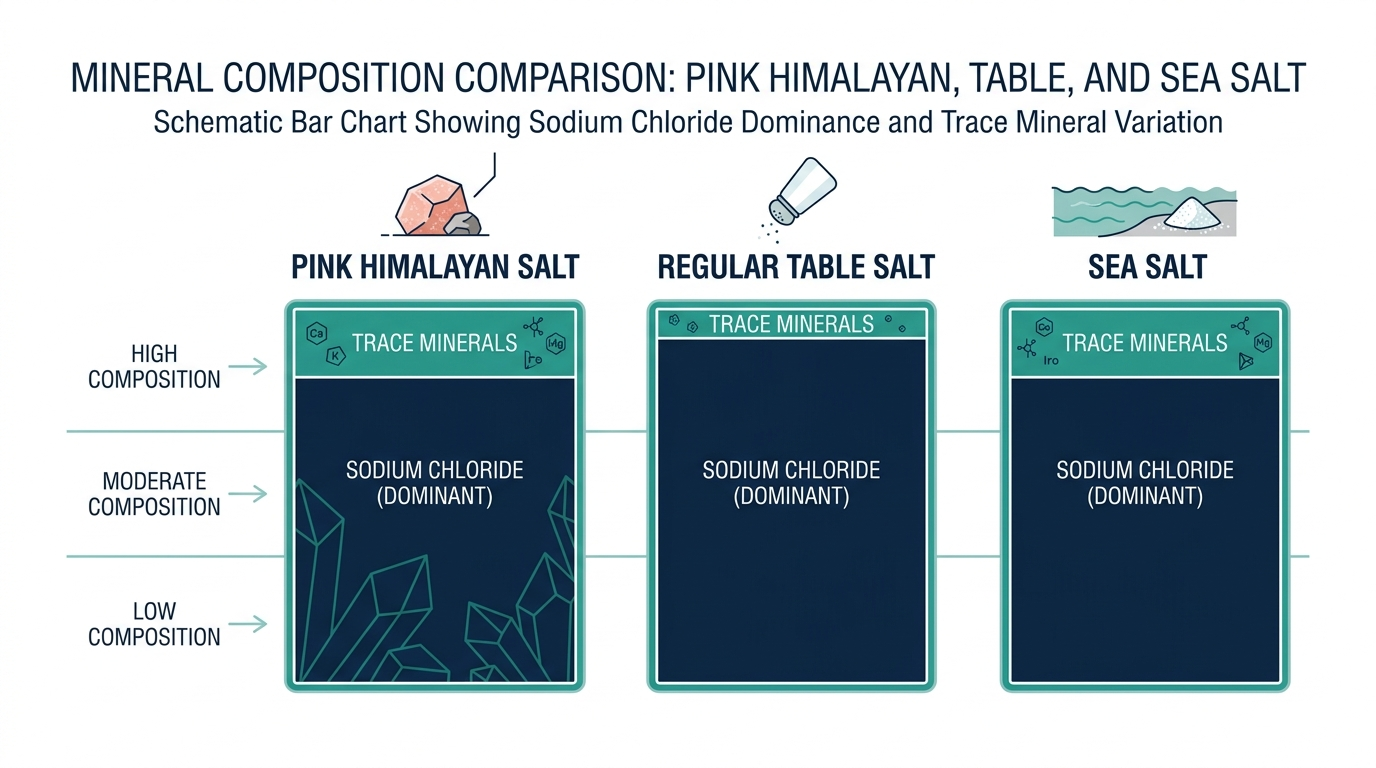 Schematic chart comparing mineral composition of pink Himalayan salt, table salt, and sea salt
