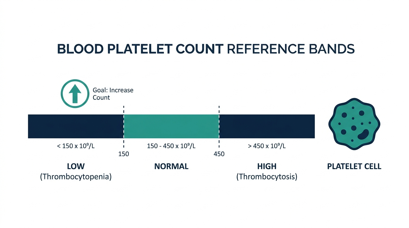 Schematic chart of platelet count reference bands from low (thrombocytopenia) to high (thrombocytosis)