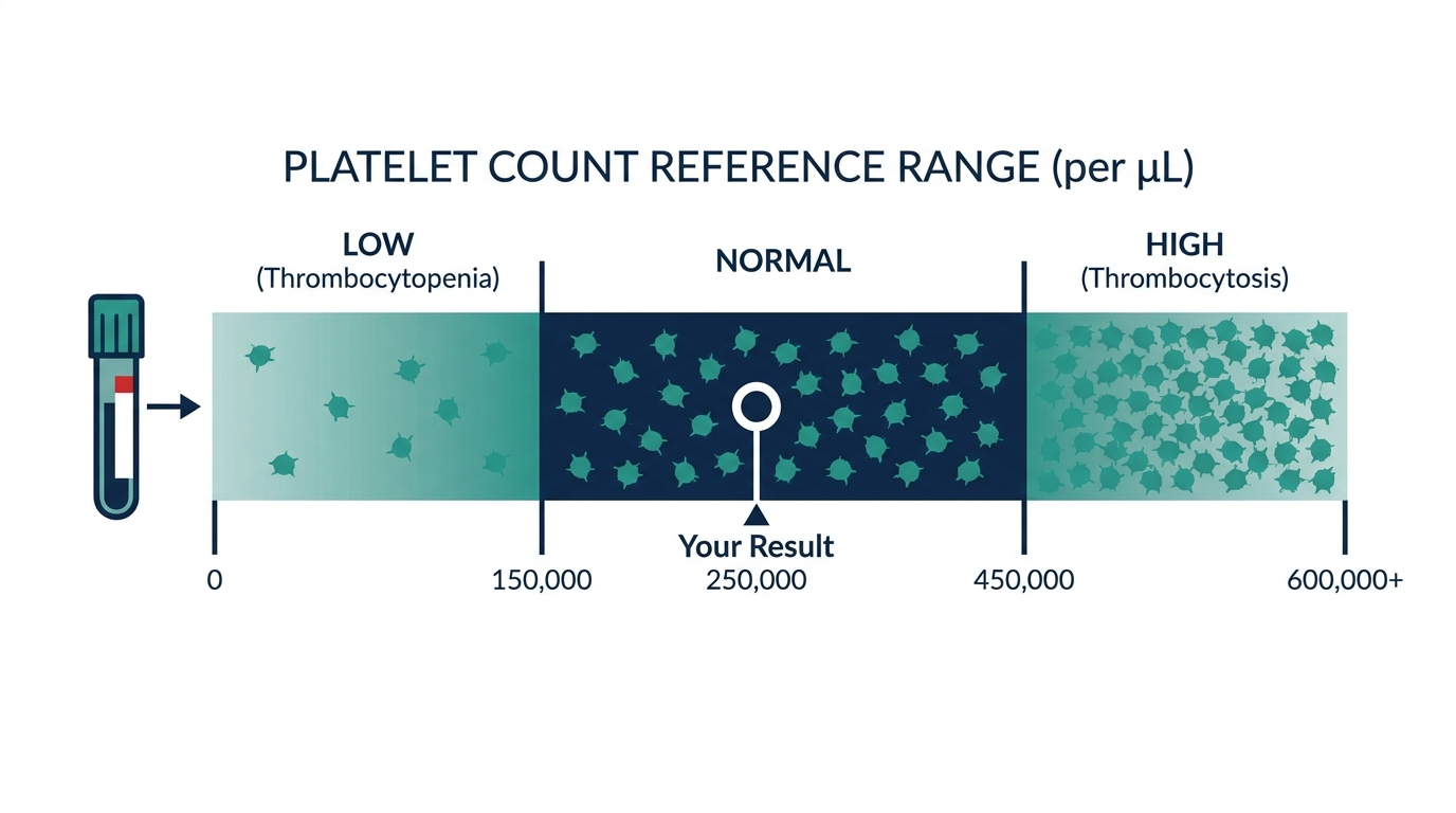 Reference range chart showing low, normal, and high platelet count