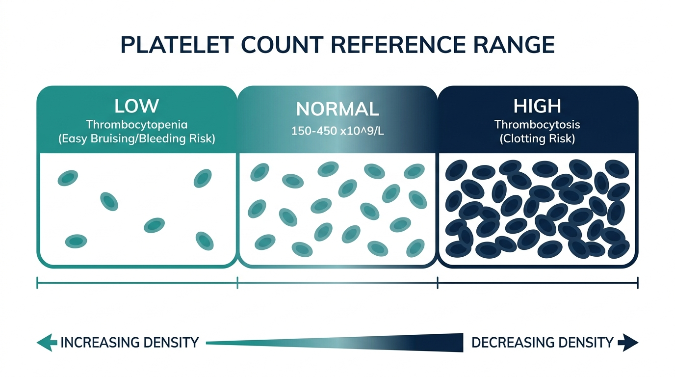Reference range chart showing low, normal, and high platelet count bands and their bleeding or clotting risks