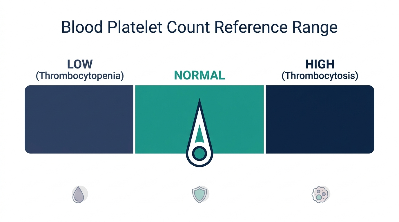 Schematic reference range chart showing low (thrombocytopenia), normal, and high (thrombocytosis) bands for blood platelet count