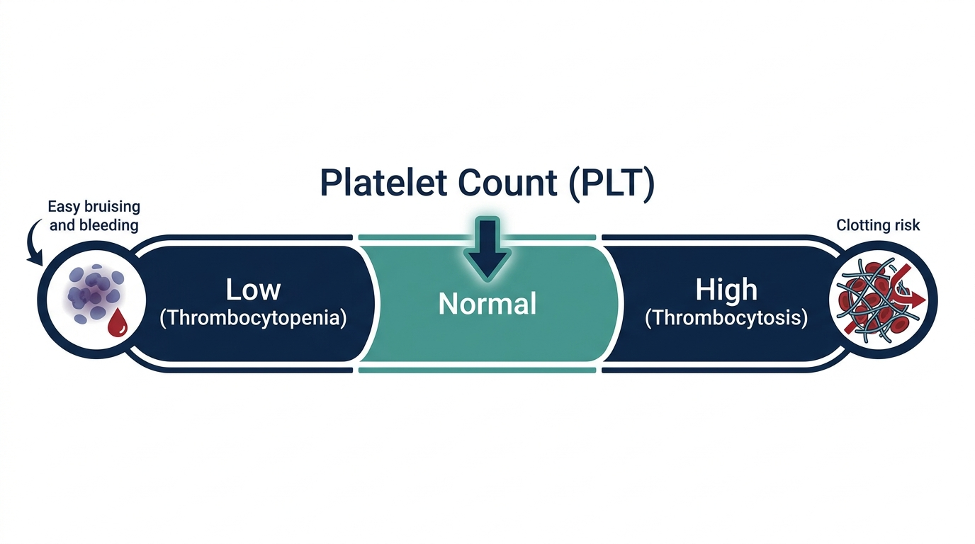 Reference range chart showing low, normal, and high platelet count bands with related risks