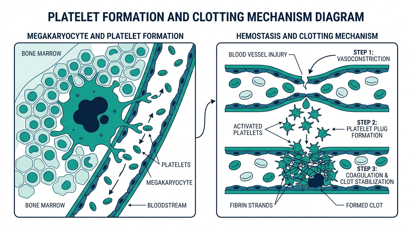 Diagram of a megakaryocyte releasing platelets in bone marrow and platelets clumping at a vessel injury to form a clot