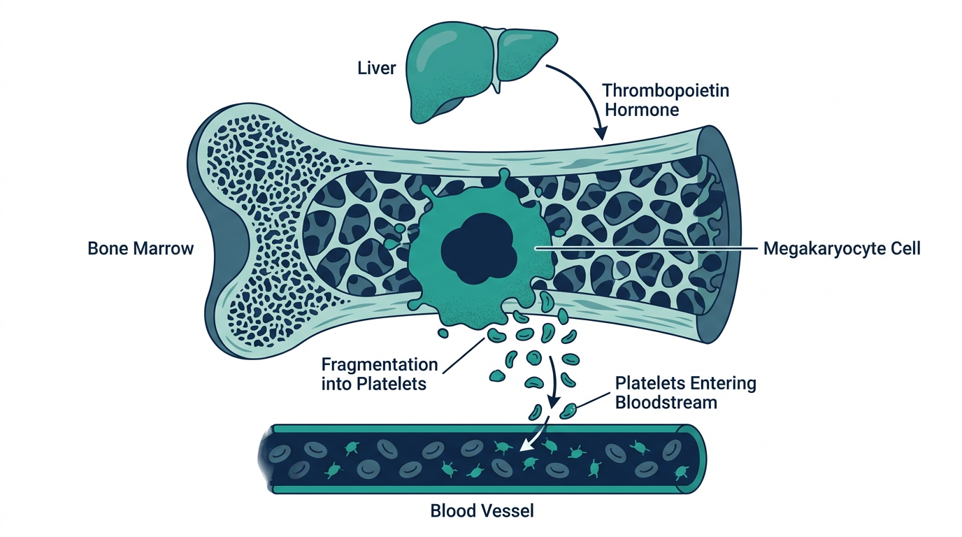 Diagram of platelet production in bone marrow showing megakaryocytes fragmenting into platelets under thrombopoietin signaling