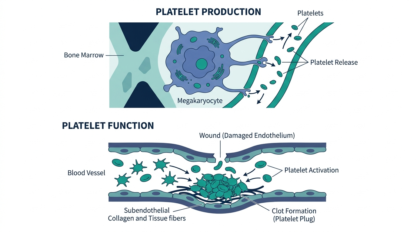Diagram of platelet production in bone marrow and platelet clot formation at a wound