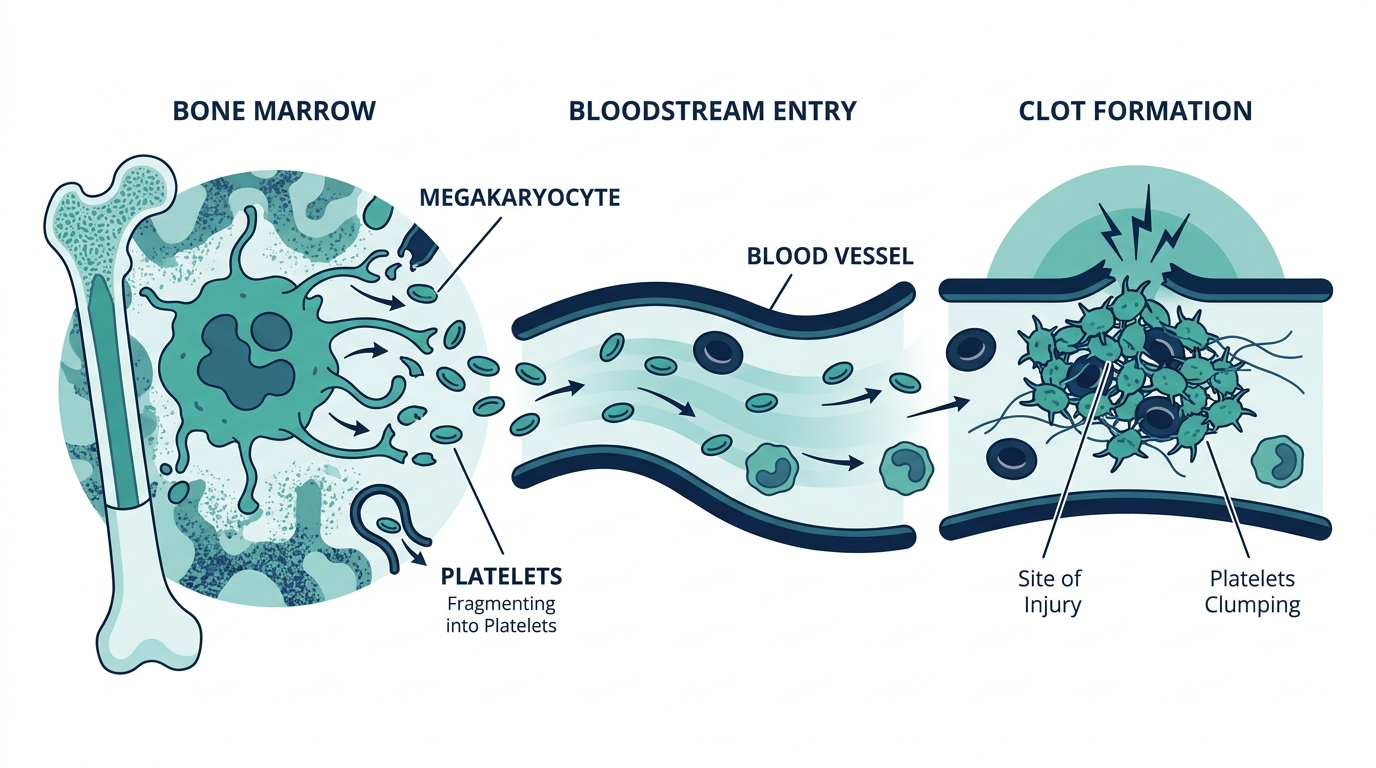 Diagram of platelet production from bone marrow megakaryocytes and clot formation