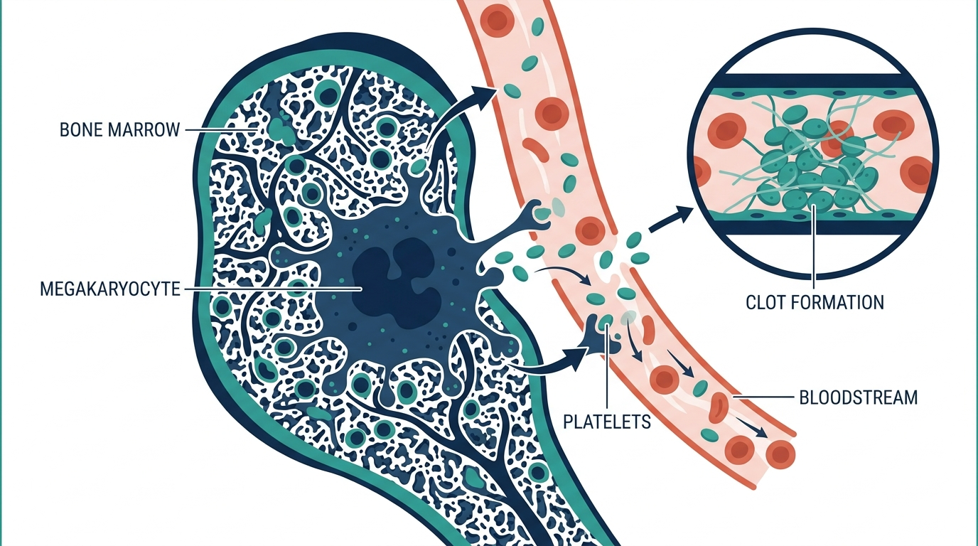 Diagram of bone marrow megakaryocytes fragmenting into platelets that enter the bloodstream and clump together at a site of vessel injury