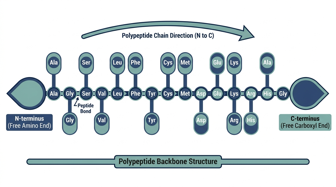 Diagram of a polypeptide backbone with repeating peptide bonds between the N-terminus and C-terminus