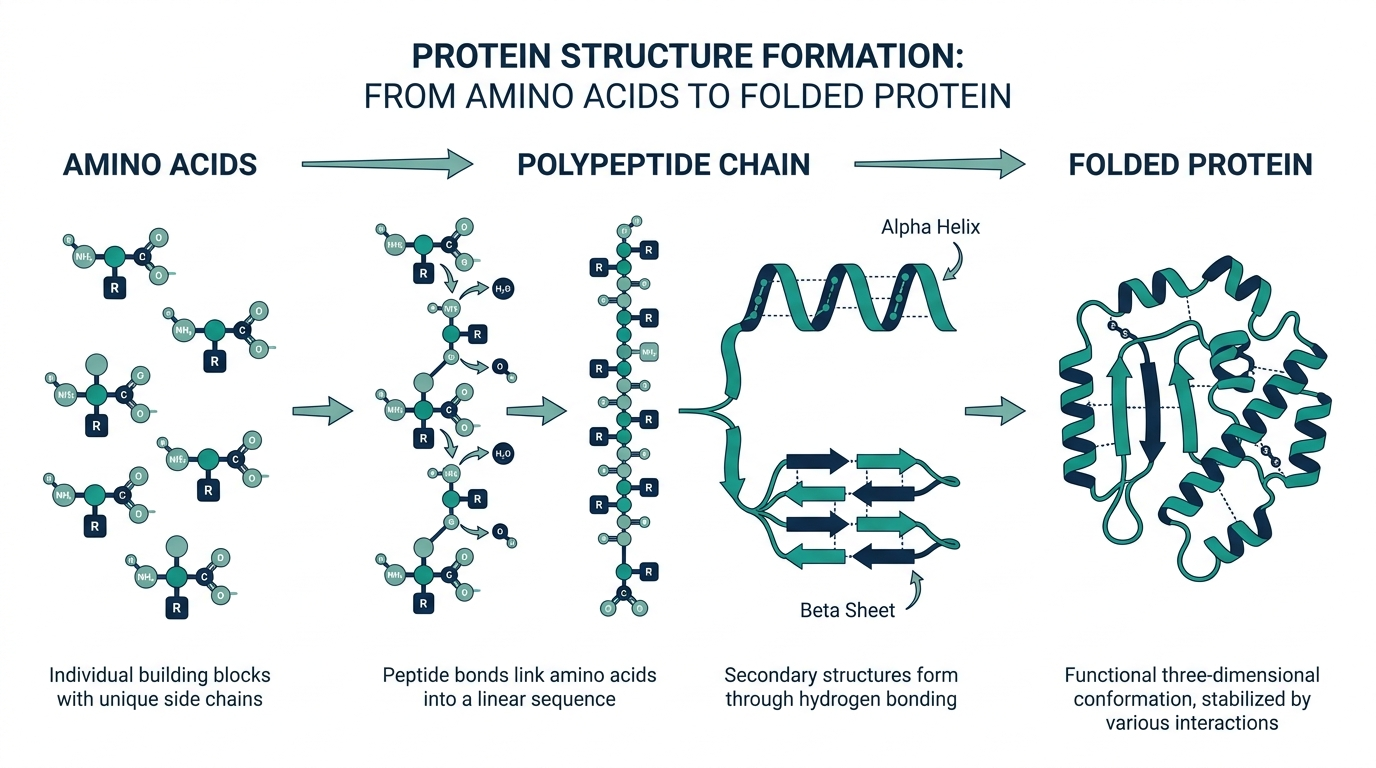 Diagram showing amino acids linking into a polypeptide chain and folding into a protein structure