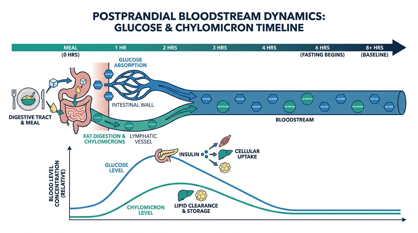 Timeline diagram showing glucose and triglyceride levels rising in the blood after a meal and returning to baseline after fasting