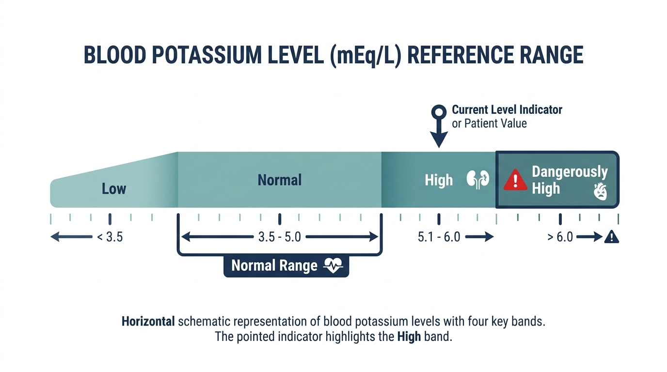 Schematic reference-range chart for blood potassium levels showing Low, Normal, High, and Dangerously High bands