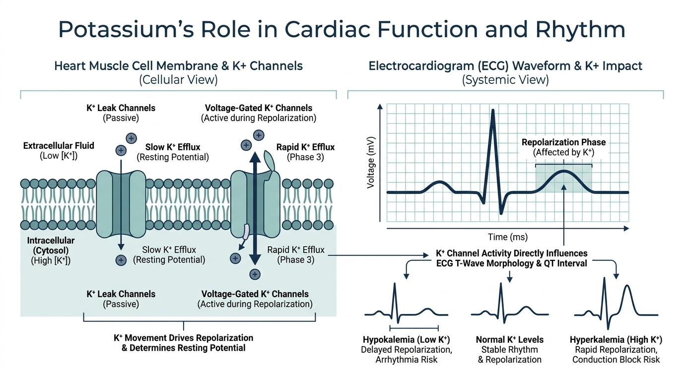 Diagram of potassium ion movement in heart muscle cells during a heartbeat