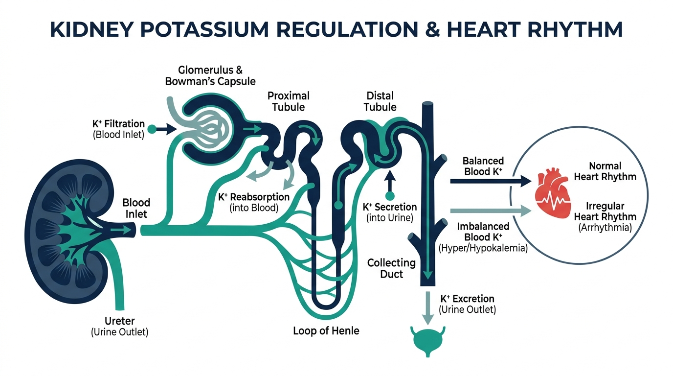Diagram of a kidney nephron showing potassium filtration, reabsorption, and excretion with a connection to heart rhythm