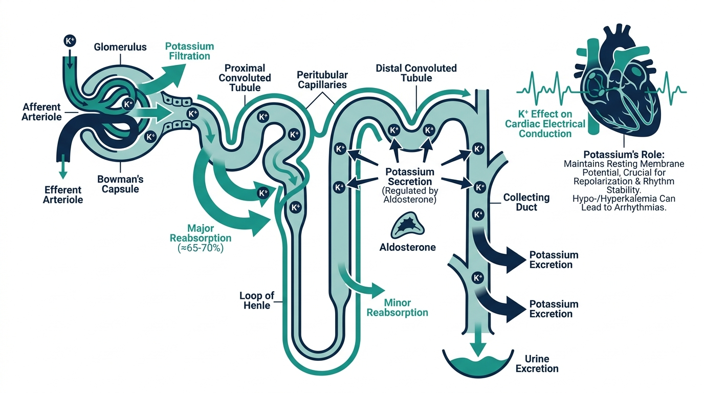 Diagram of kidney nephron regulating potassium filtration, reabsorption, and excretion, with a heart icon showing potassium's effect on cardiac electrical conduction
