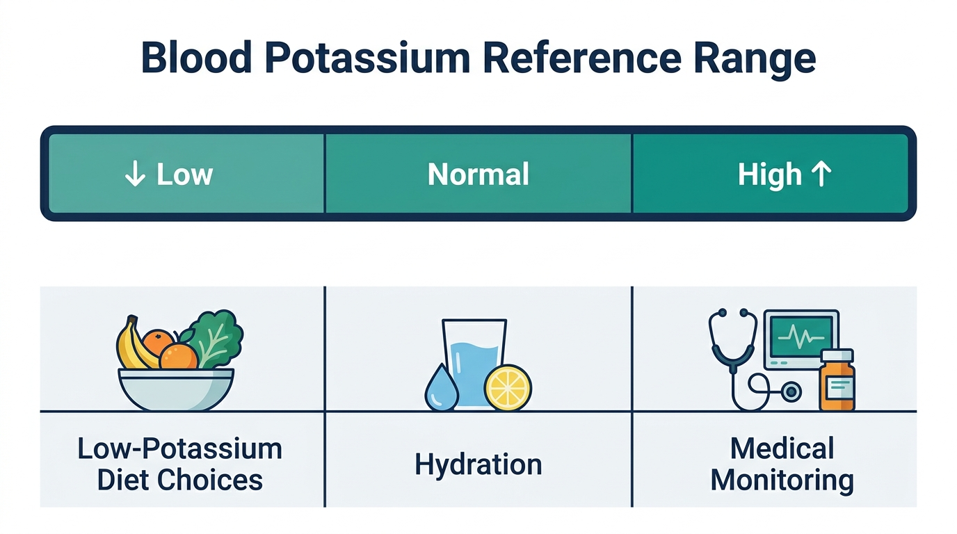 Schematic chart of low, normal, and high blood potassium bands with icons for low-potassium diet, hydration, and monitoring