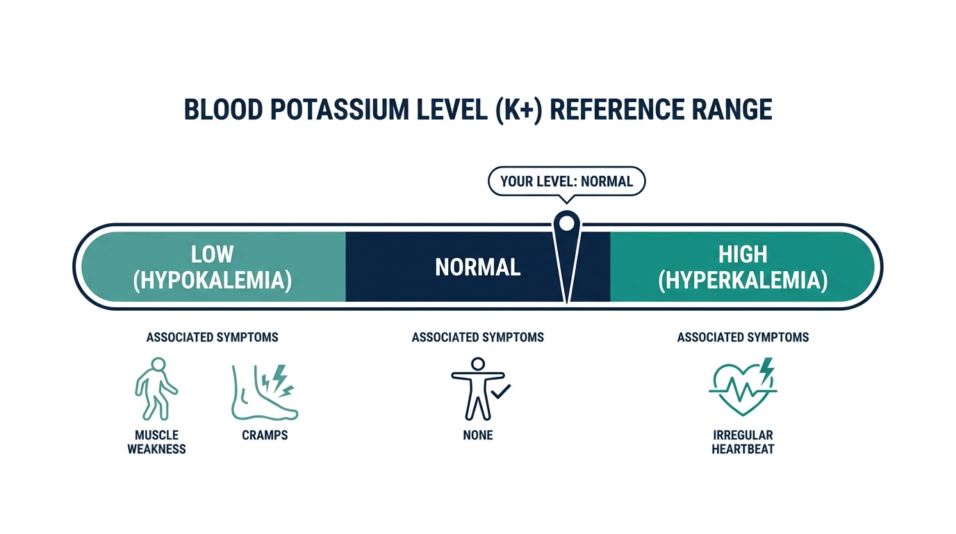 Reference range chart showing low, normal, and high blood potassium bands with symptoms