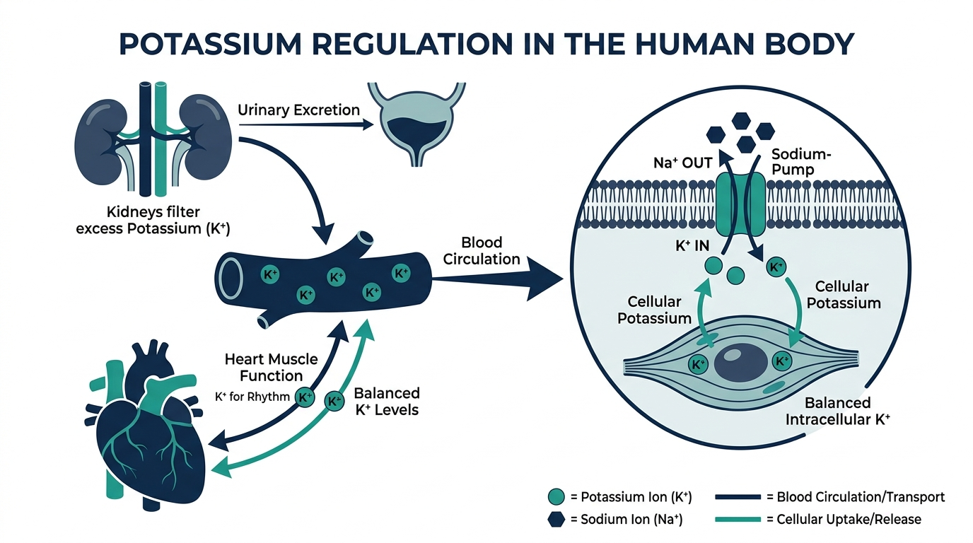 Diagram of potassium regulation by the kidneys and the sodium-potassium pump