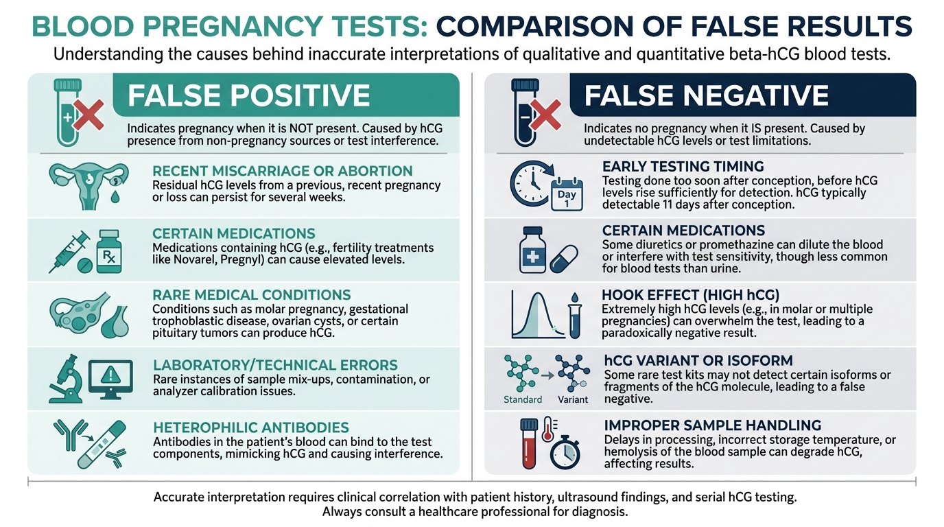 Comparison chart of causes of false positive versus false negative blood pregnancy test results