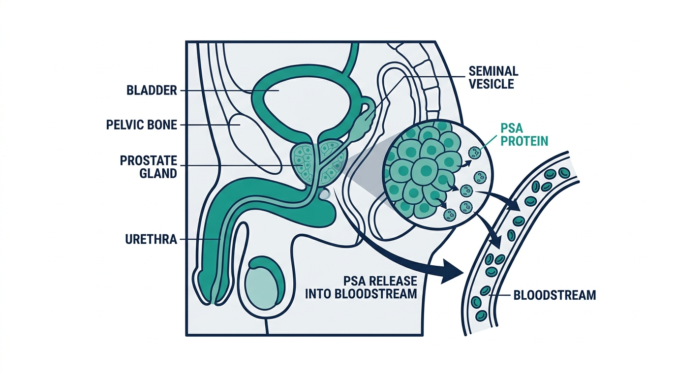 Cross-section diagram of the male pelvis showing the prostate gland releasing PSA protein into the bloodstream