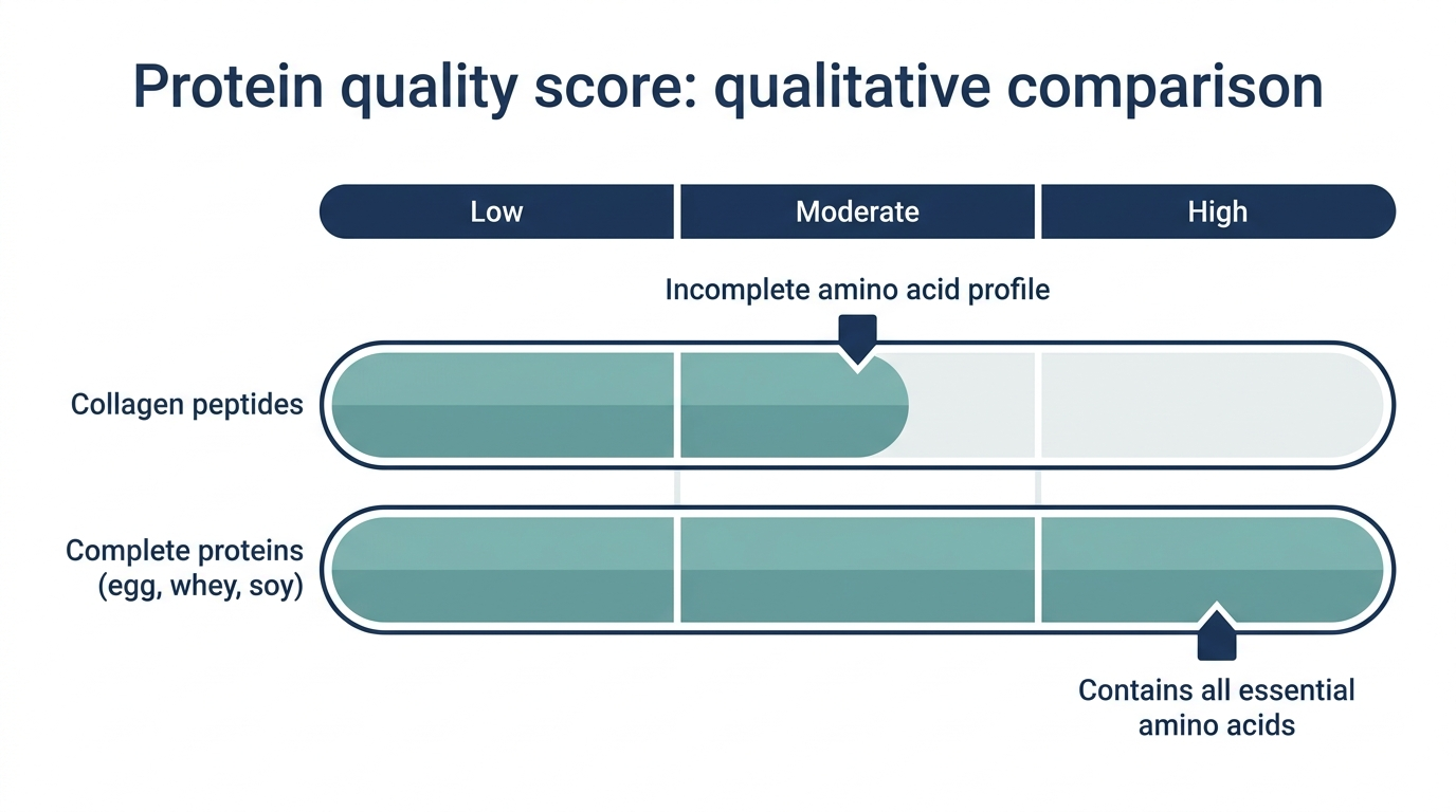 Schematic chart comparing protein quality score bands for collagen peptides versus complete proteins like egg, whey, and soy