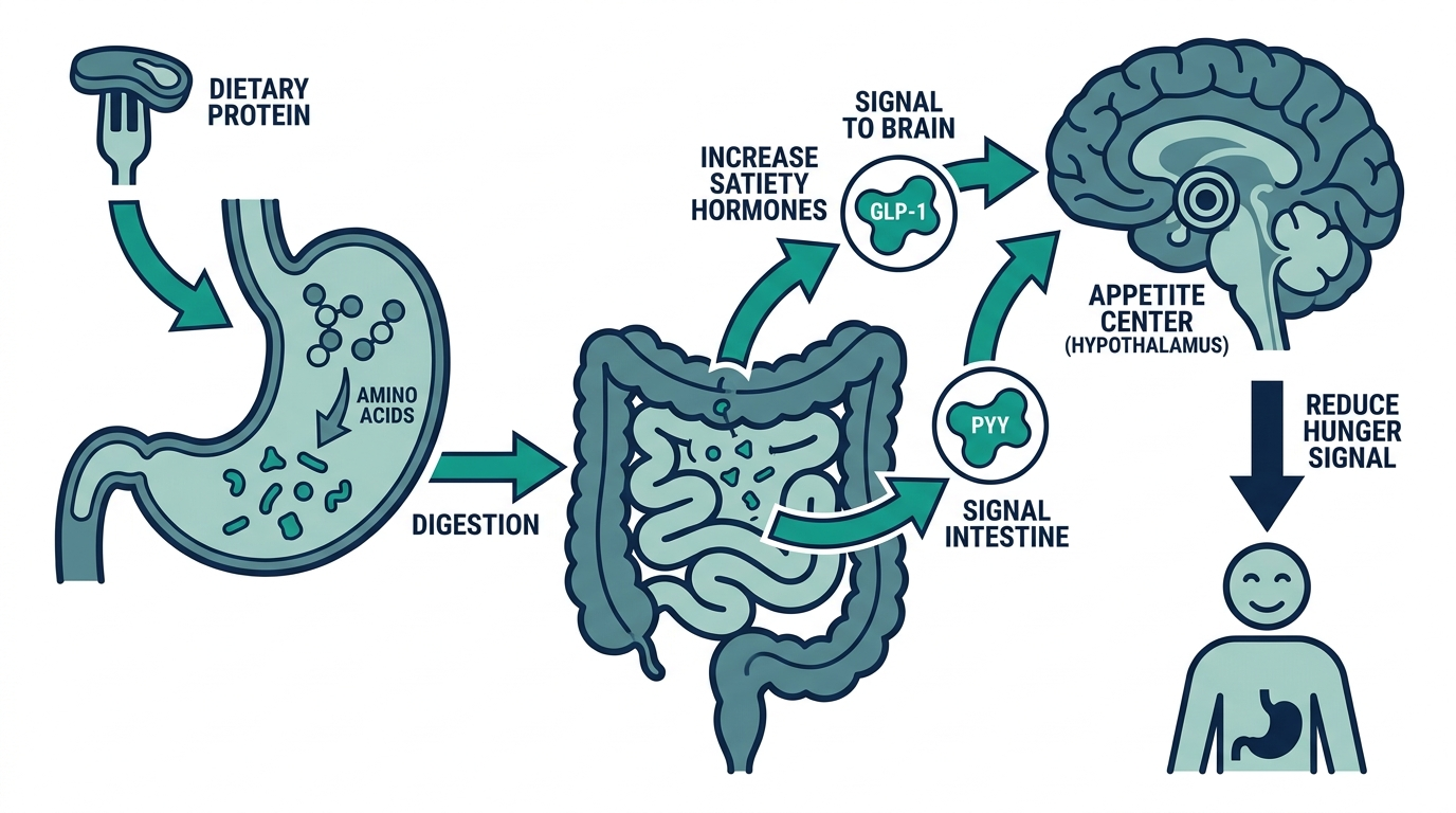 Diagram showing how protein digestion triggers gut satiety hormones GLP-1 and PYY, which signal the brain's appetite center to reduce hunger