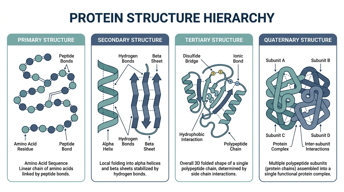 Comparison chart of the four levels of protein structure: primary, secondary, tertiary, and quaternary