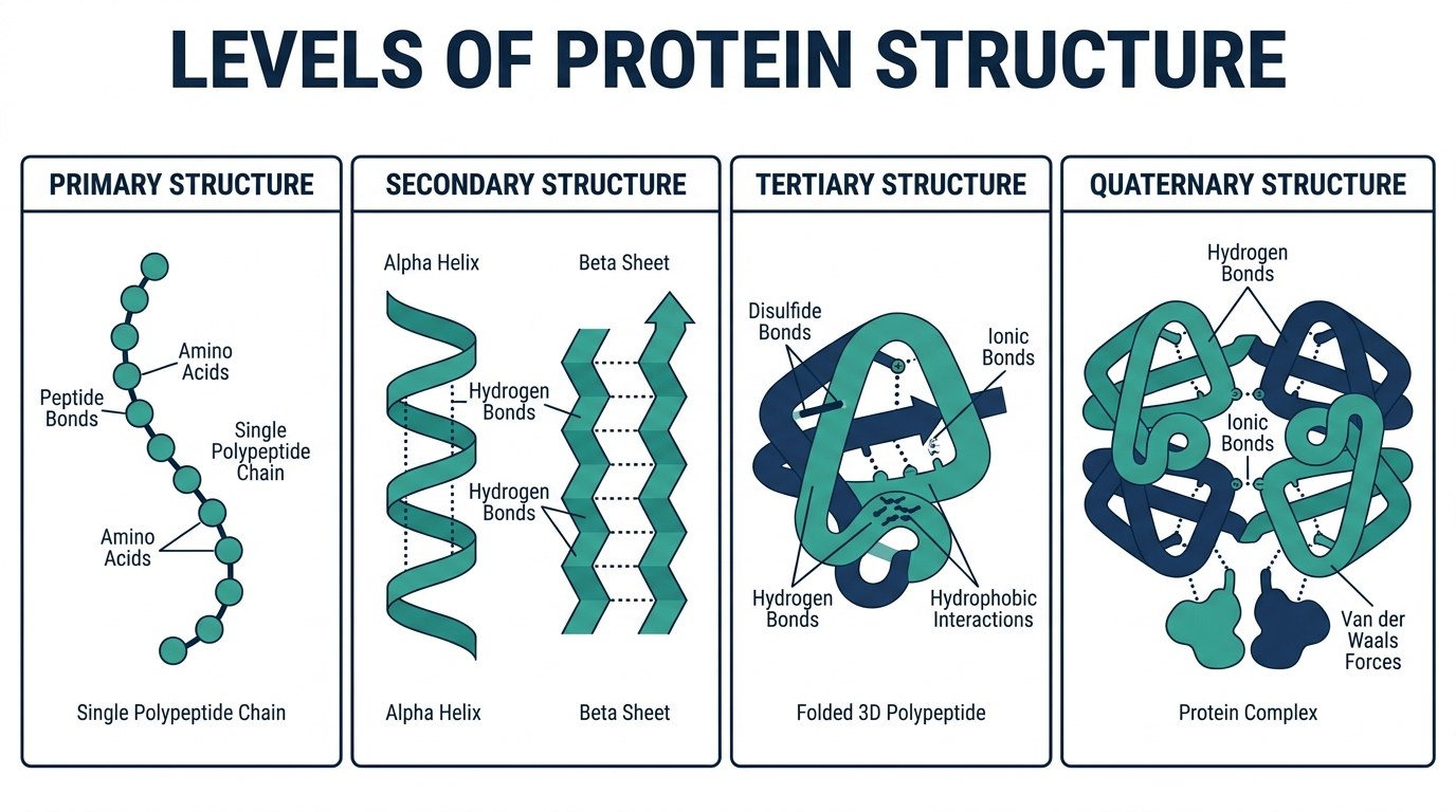 Diagram comparing the four levels of protein structure: primary, secondary, tertiary, and quaternary