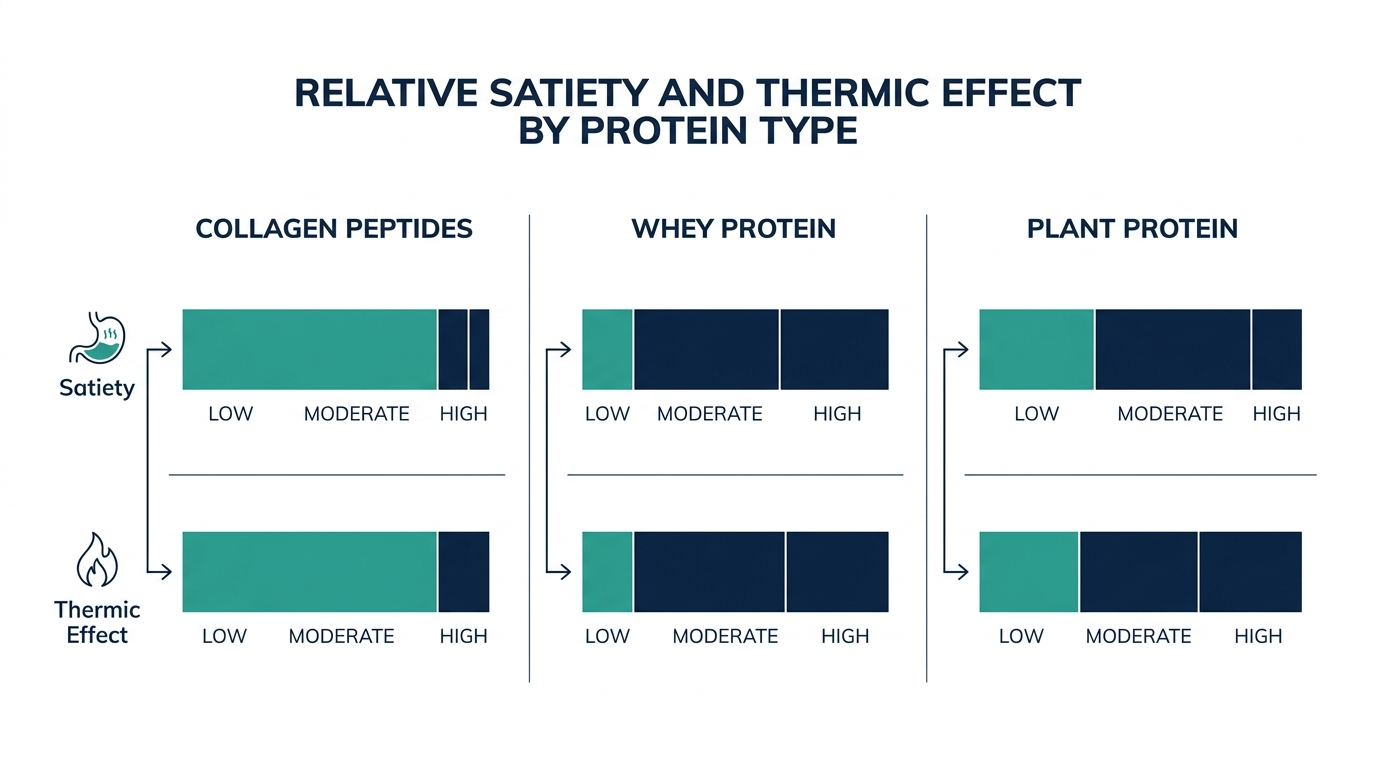 Schematic chart comparing relative satiety and thermic effect bands for collagen peptides, whey protein, and plant protein