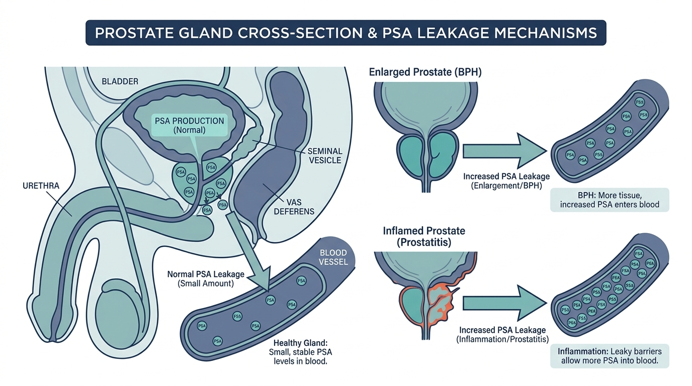 Anatomy diagram of the prostate gland showing how PSA is produced and can leak into the bloodstream