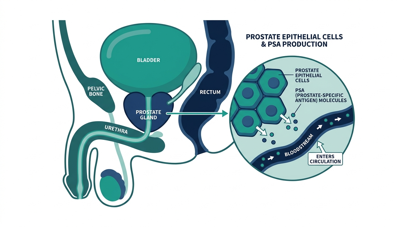 Cross-section diagram of the male pelvis showing the prostate gland producing PSA that enters the bloodstream