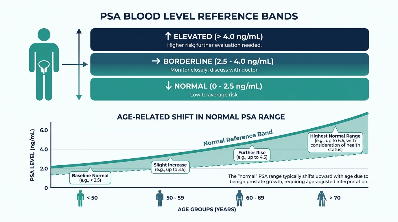 Schematic chart of PSA reference bands from normal to elevated, showing how the normal band shifts with age