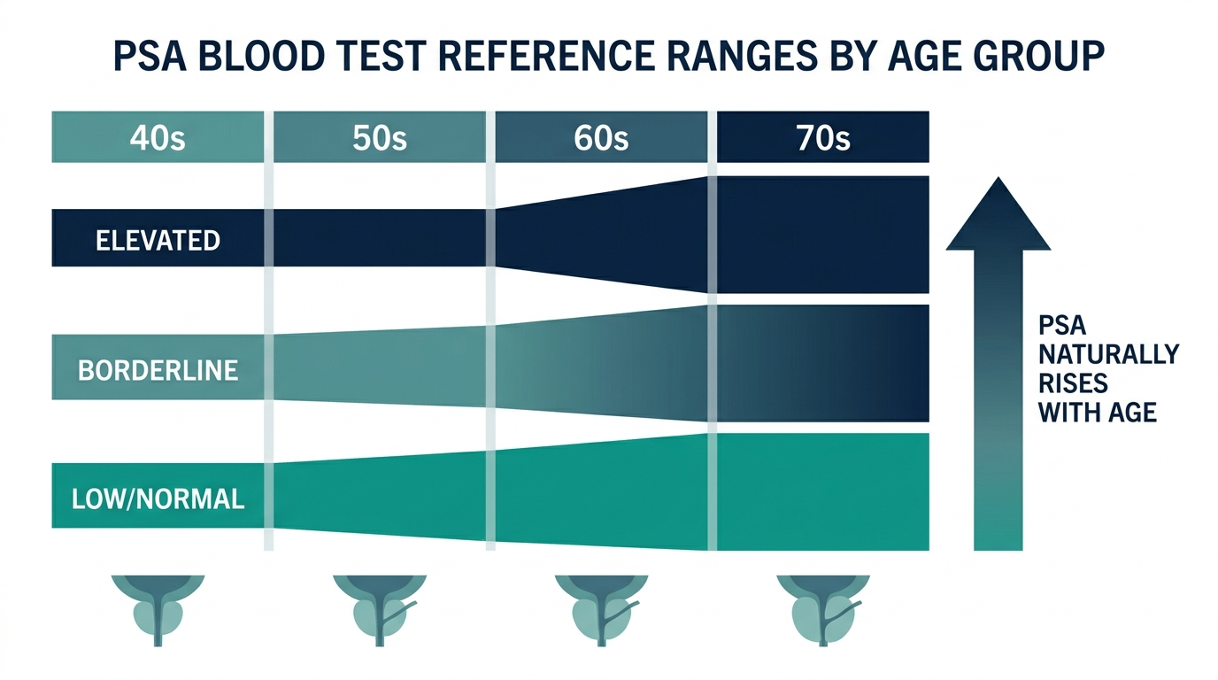 Chart showing schematic PSA reference range bands by age group, with PSA trending higher in older age brackets