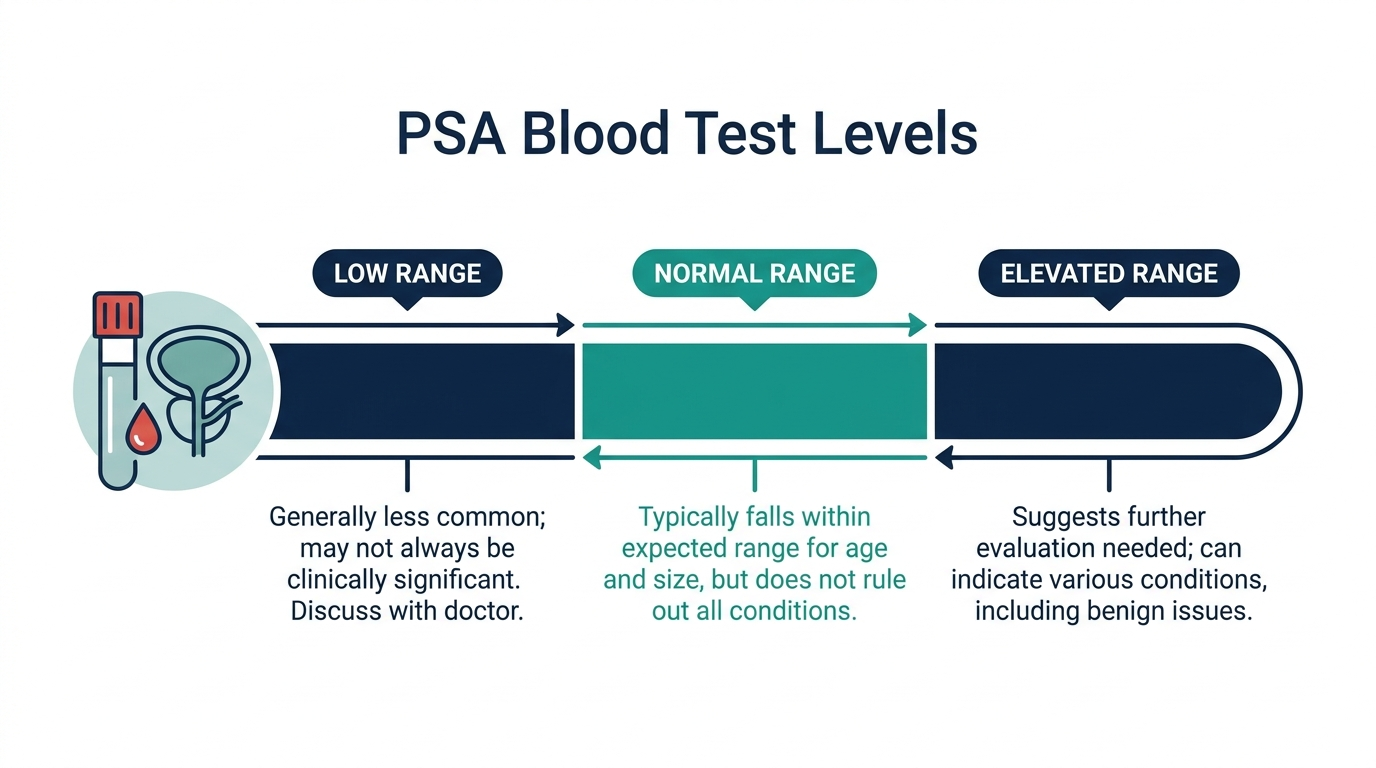 Schematic chart showing low, normal, and high PSA blood test reference bands