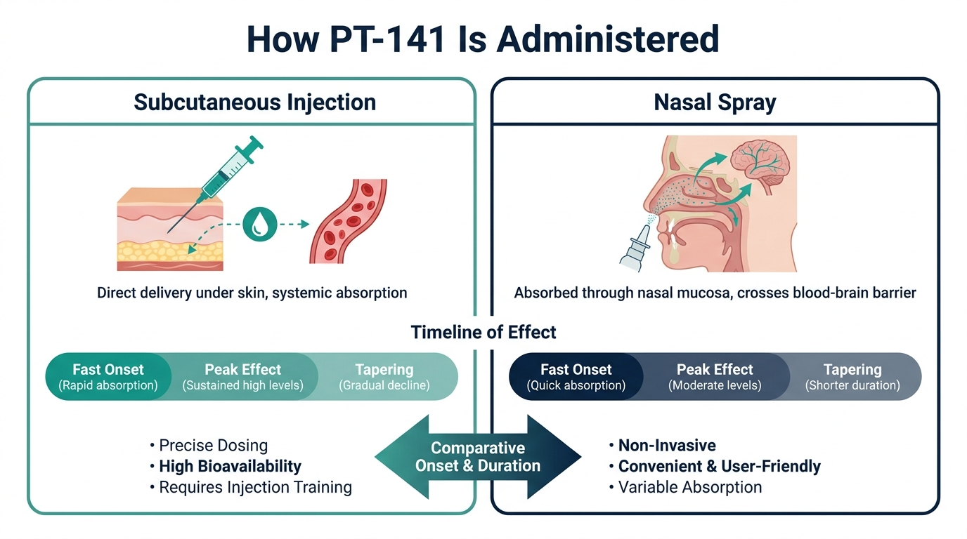 Comparison chart of PT-141 administration routes, subcutaneous injection versus nasal spray, with schematic onset and duration bands