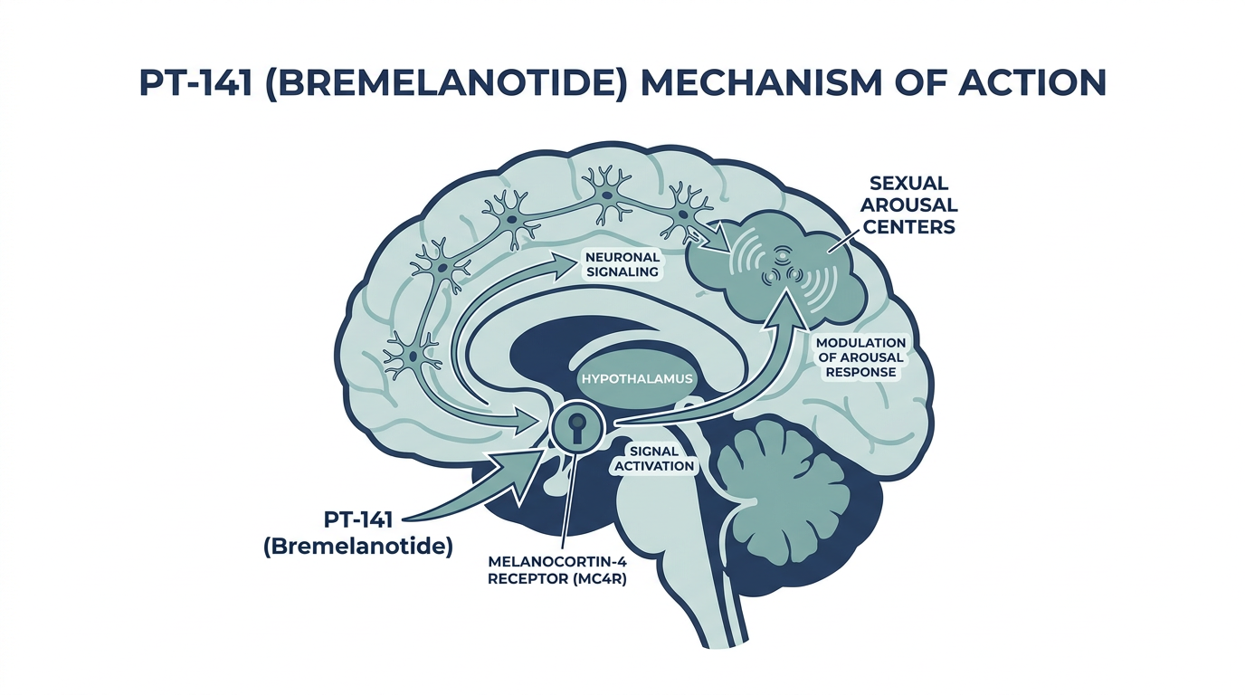 Brain diagram showing the hypothalamus and MC4R melanocortin receptor pathway involved in PT-141 signaling